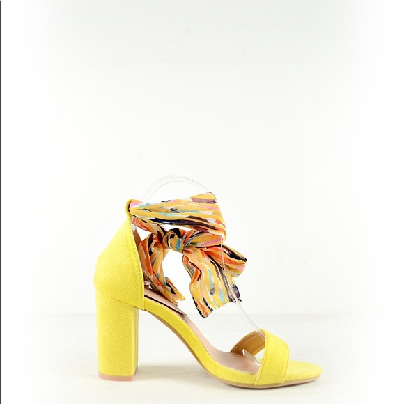 Yellow & Multi-colored Lace Up Block Heel Sandal - Picture 2 of 4